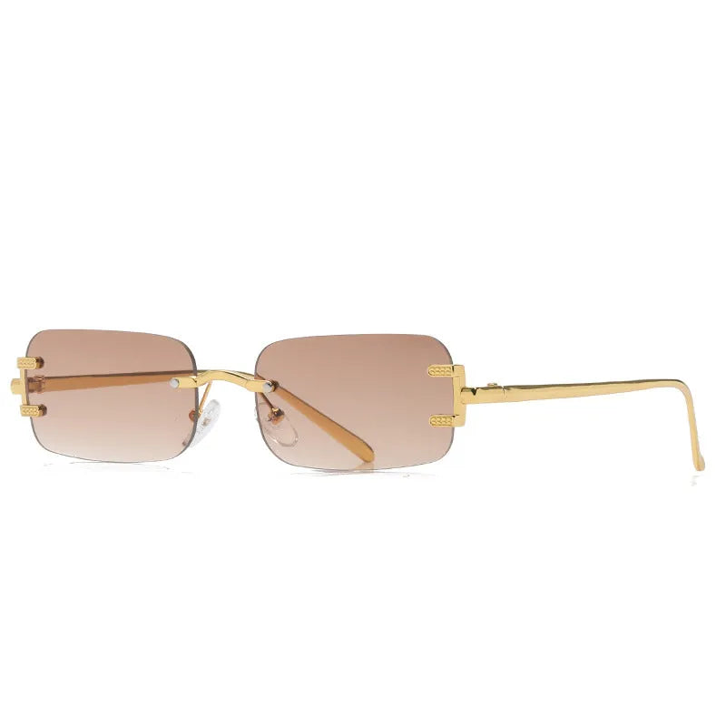 Retro square frameless sunglasses with metal frame and AC lenses, gold or black frame, six colour options.