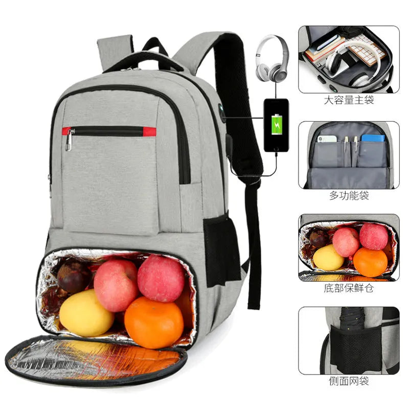 Light grey Oxford cloth insulated picnic backpack with curved shoulder straps and a pull rod belt.