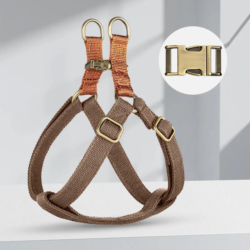Brown vest style dog leash with cotton belt and alloy fastener for small to medium dogs