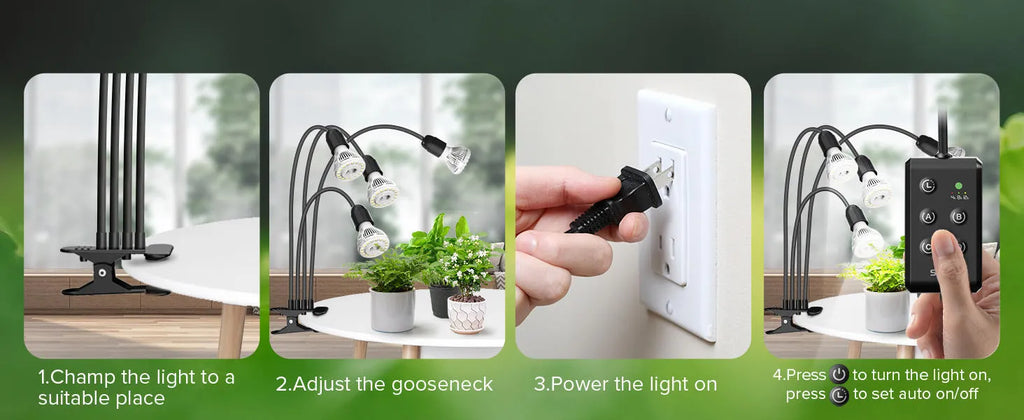 LED grow light with timer, full spectrum, gooseneck clip attached to shelf, 20W 30W 40W options for indoor plants