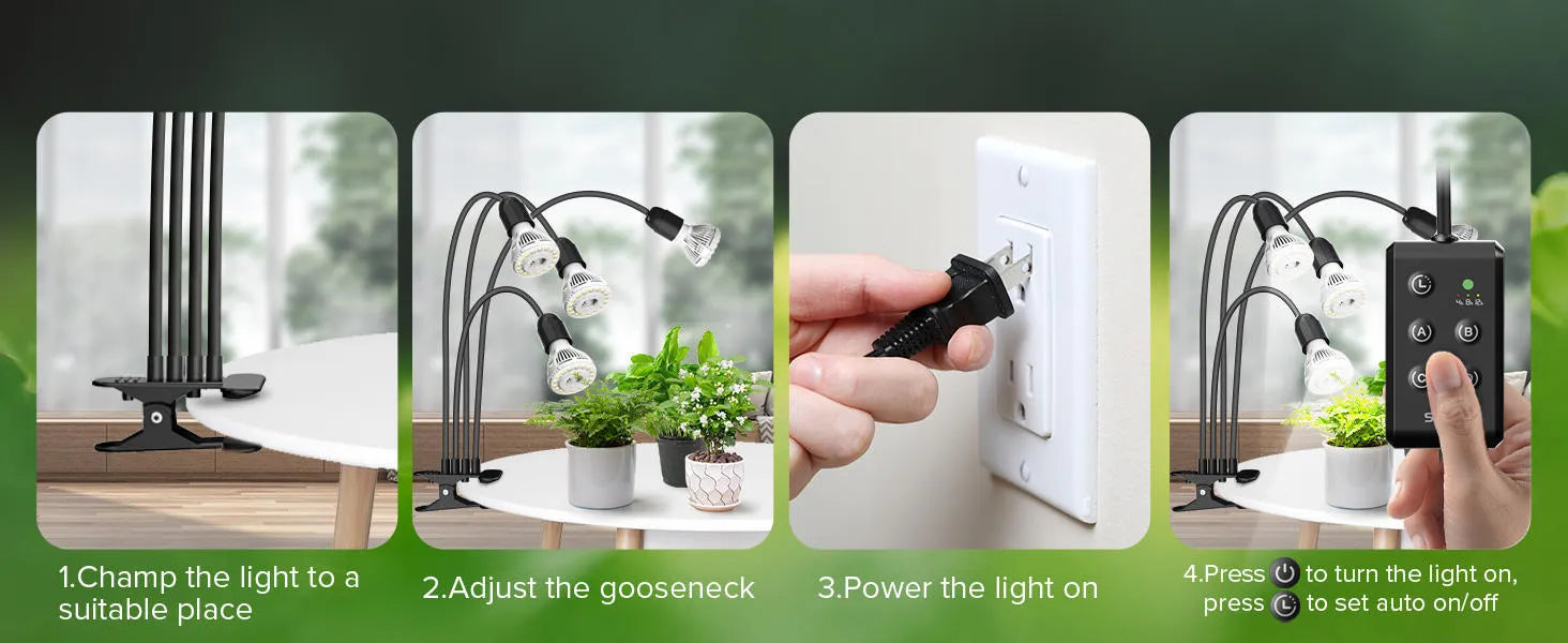 LED grow light with timer, full spectrum, gooseneck clip attached to shelf, 20W 30W 40W options for indoor plants