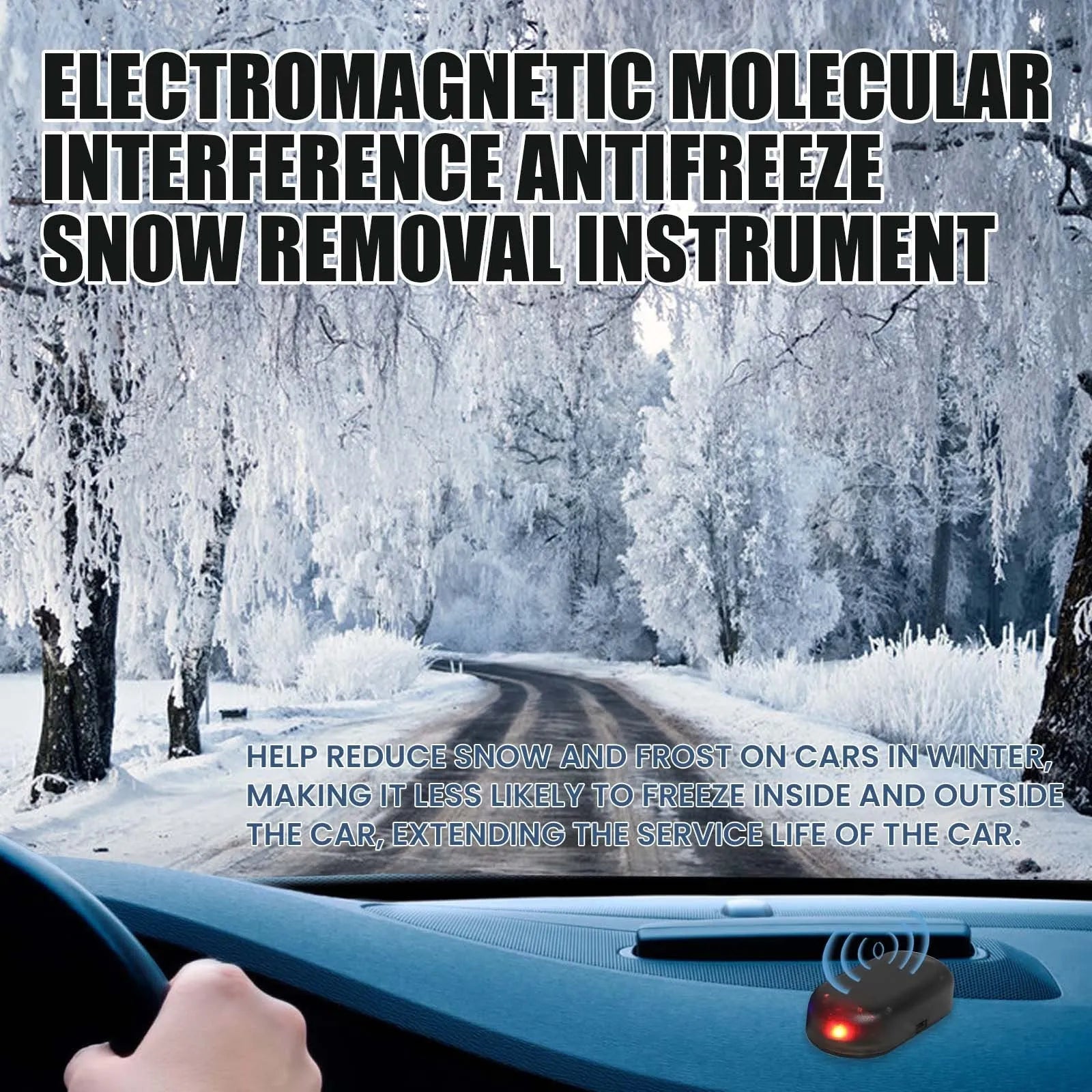 Black compact car windscreen de-icer tool with glass element for melting ice and snow.