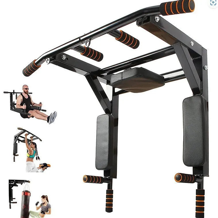 Black wall-mounted steel fitness rack with a sandbag holder and parallel pull-up bars.