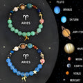 Two natural stone beaded bracelets for zodiac signs on a dark background.