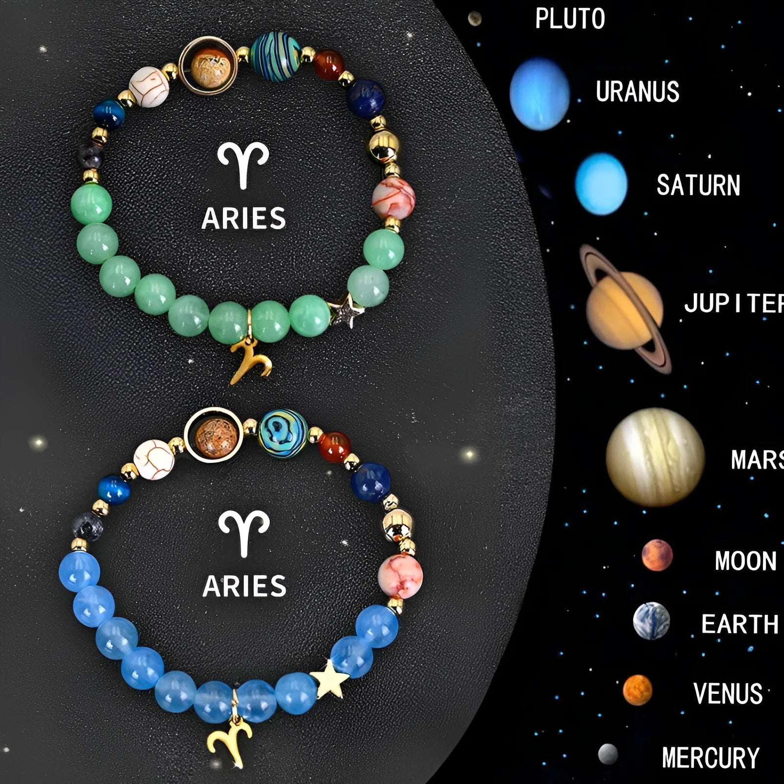 Two natural stone beaded bracelets for zodiac signs on a dark background.