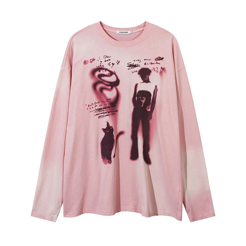 Loose cotton pullover top with letter pattern and drop-shoulder sleeves in dark grey or pink