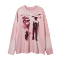 Loose cotton pullover top with letter pattern and drop-shoulder sleeves in dark grey or pink