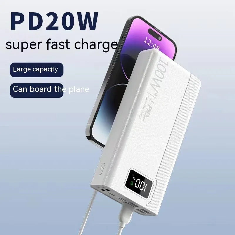 Black and white large capacity power bank showing front view with dimensions 150mm by 76mm