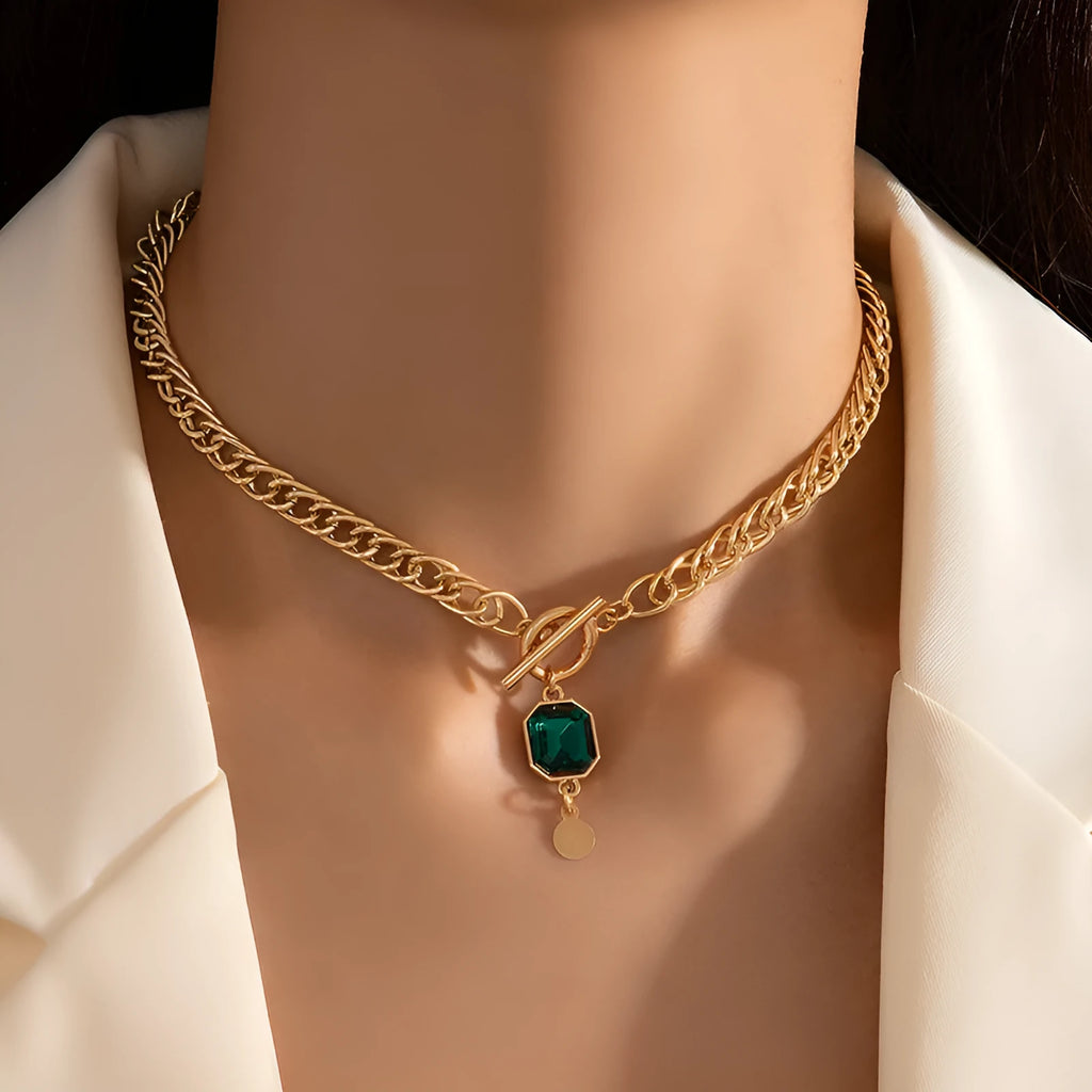 Gold French retro zircon pendant necklace with geometric round design on Cuban link chain