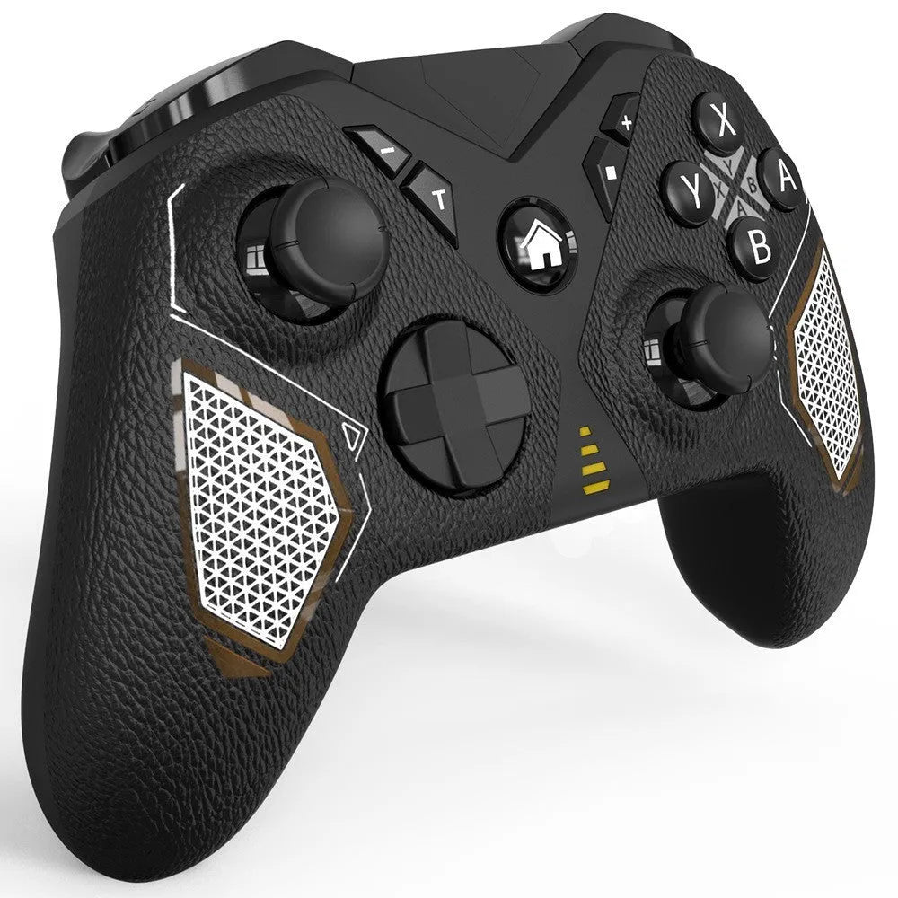 Black wireless game controller with leather-pattern finish for Nintendo Switch, PC, and mobile.