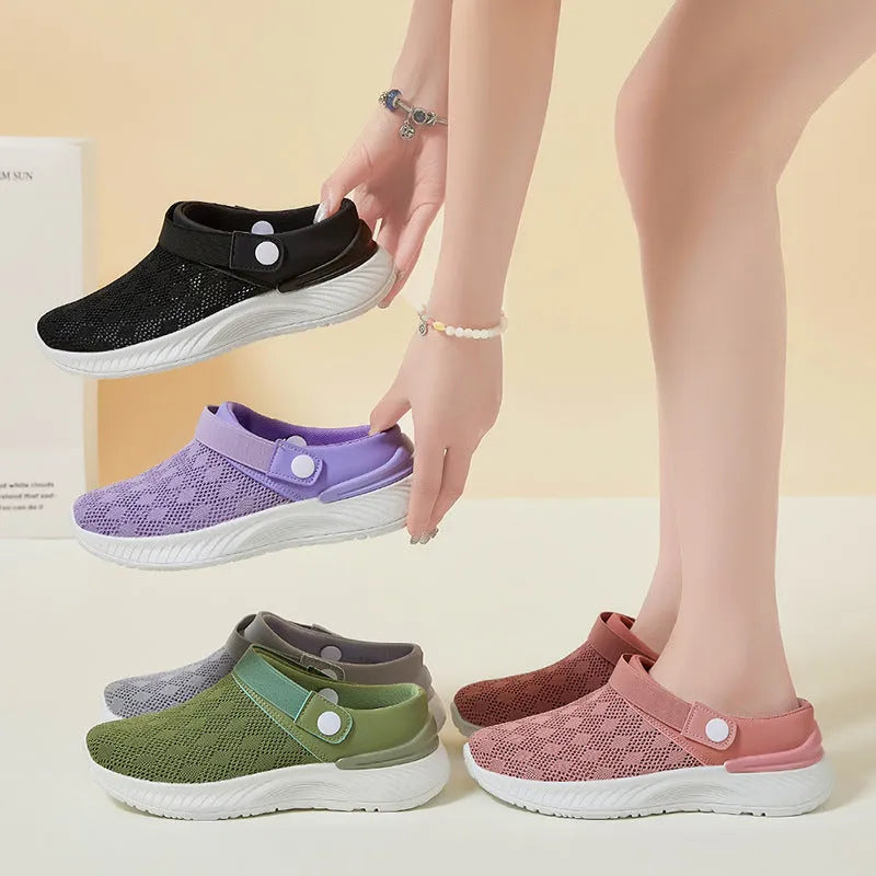 Women's mesh sandals with round toe and open back, available in multiple colours for summer casual wear