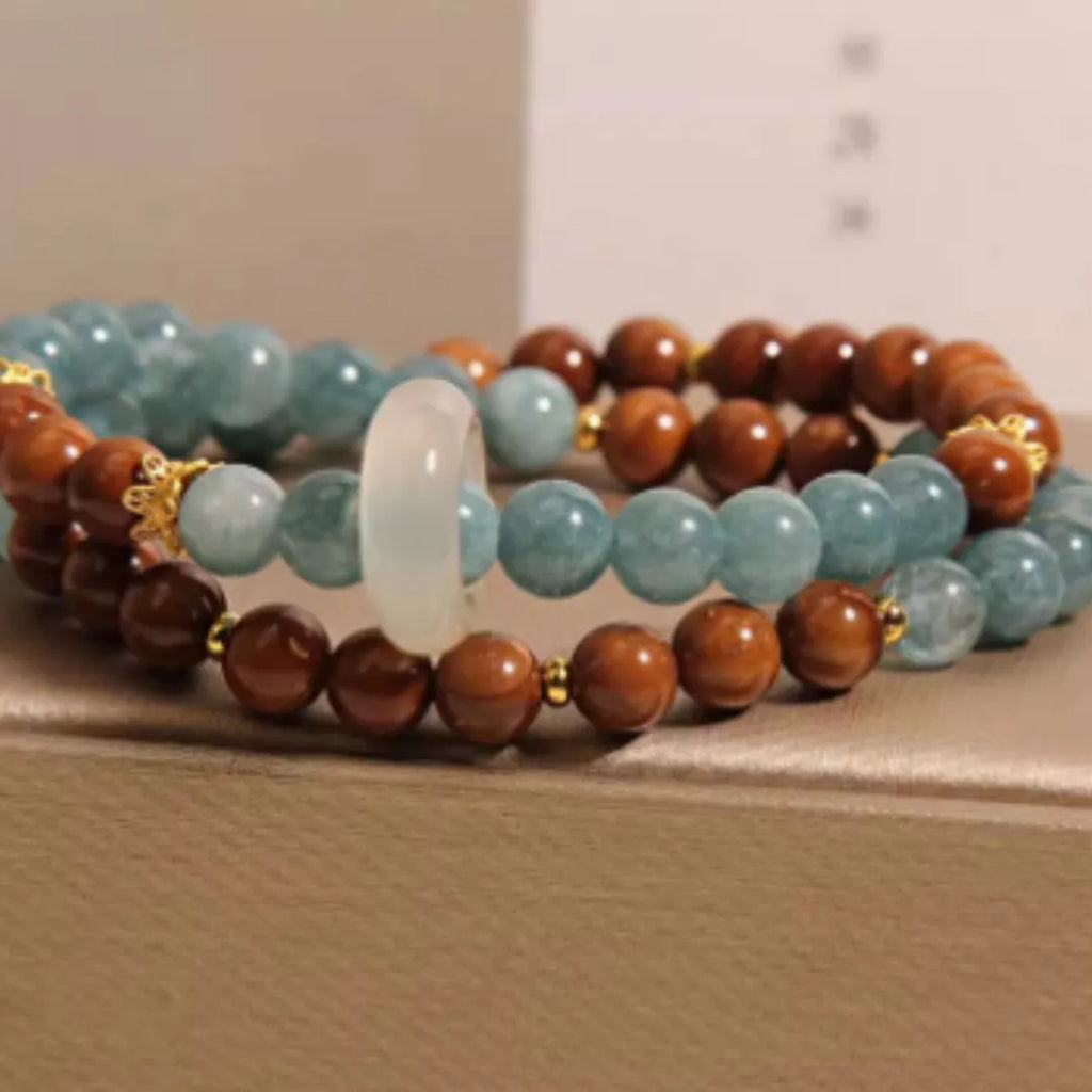 Double ring bracelet for women, natural crystal and semi-precious stone, cook blue water jade colour, electroplated finish