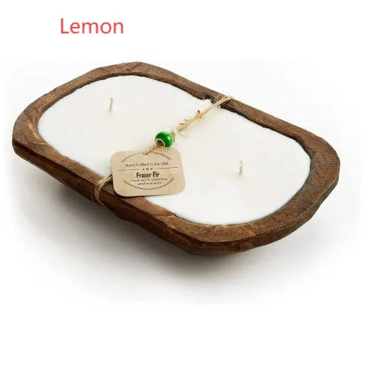 Retro lavender coloured wooden basin containing a soy wax aromatherapy candle with three wicks.