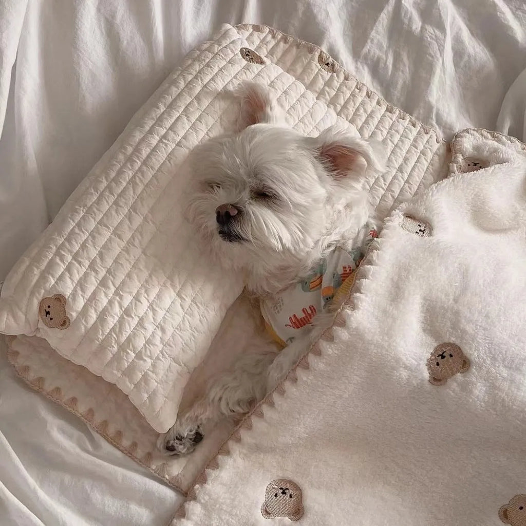 Simple bear design washable dog bed set with square mattress, quilt, and pillow in two size options.