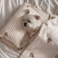 Simple bear design washable dog bed set with square mattress, quilt, and pillow in two size options.