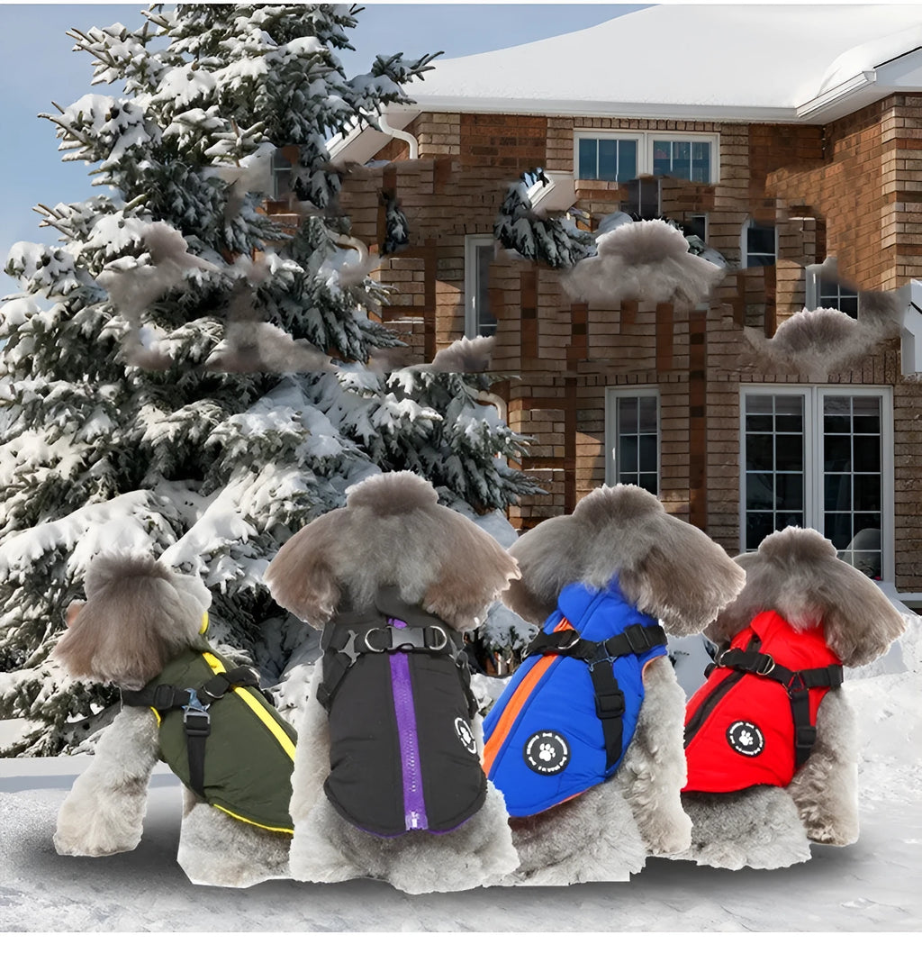 Polyester chest strap dog jacket with cotton padding in black, blue, green, or red