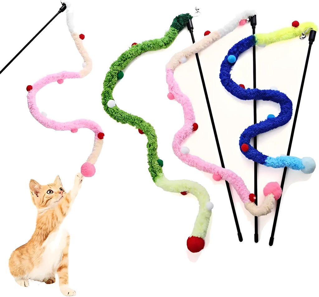 Blue interactive cat wand toy with long plush strip and fluffy bell ball on a pole.