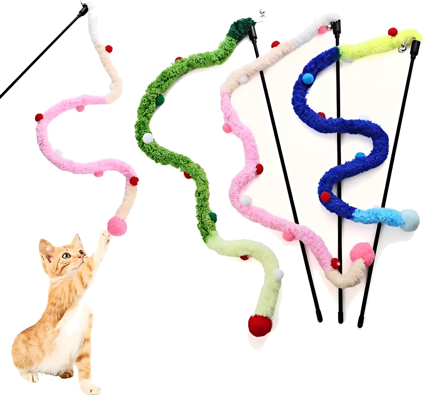 Blue interactive cat wand toy with long plush strip and fluffy bell ball on a pole.