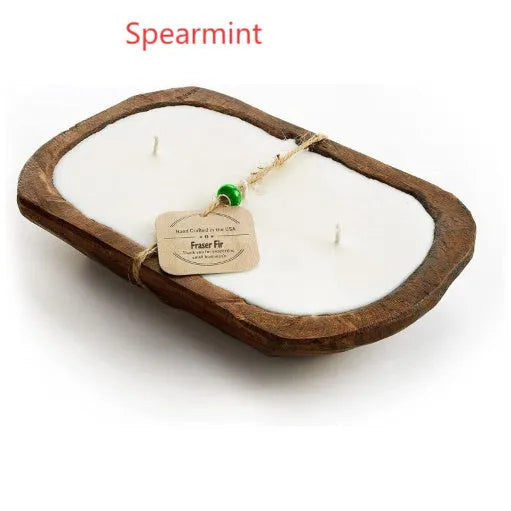 Retro lavender coloured wooden basin containing a soy wax aromatherapy candle with three wicks.