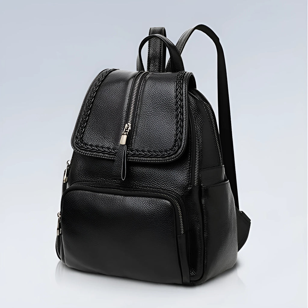 Genuine leather blue women's backpack showing front sandwich pocket and street trend design.