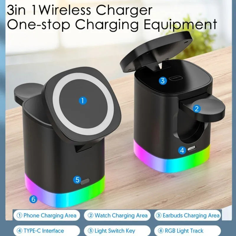 Black foldable 3-in-1 magnetic wireless charging station showing phone, watch and earbuds charging simultaneously.