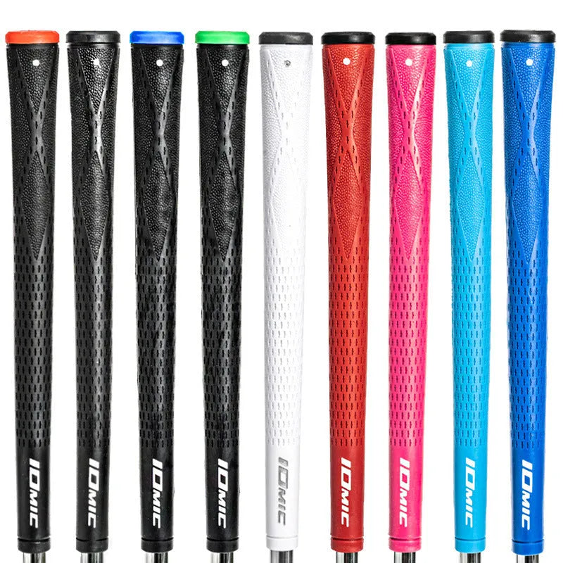 TPE material golf club grip shown in various colours including pink, red, and two-tone black with blue head.