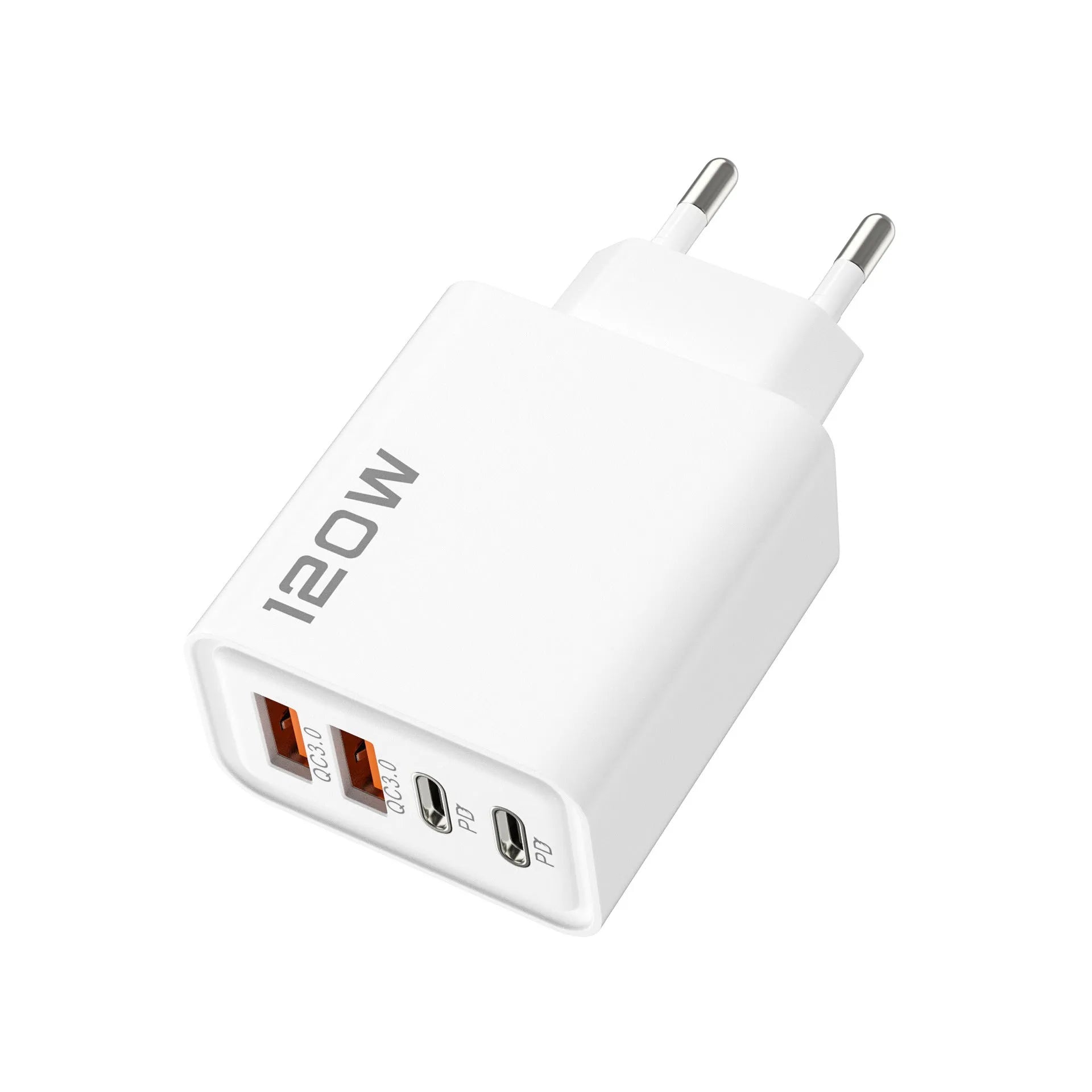 120W dual PD dual USB wall charger in Black, White, and Yellow with UK and EU plug options