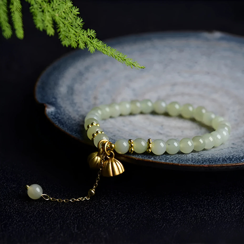 Natural Hetian jade Sunny Water bracelet with fu character and constellation modelling, 6mm diameter