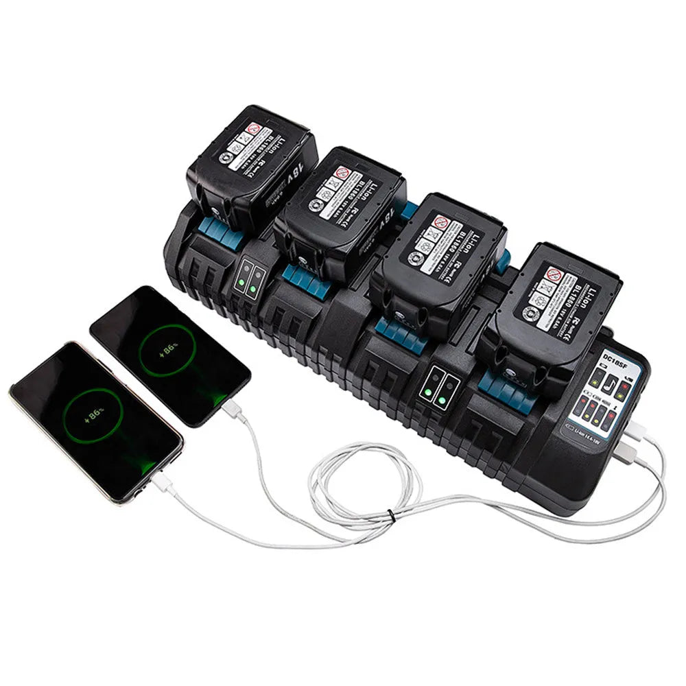 Black and blue plastic fast charger for Makita 14.4V-18V lithium batteries with four slots