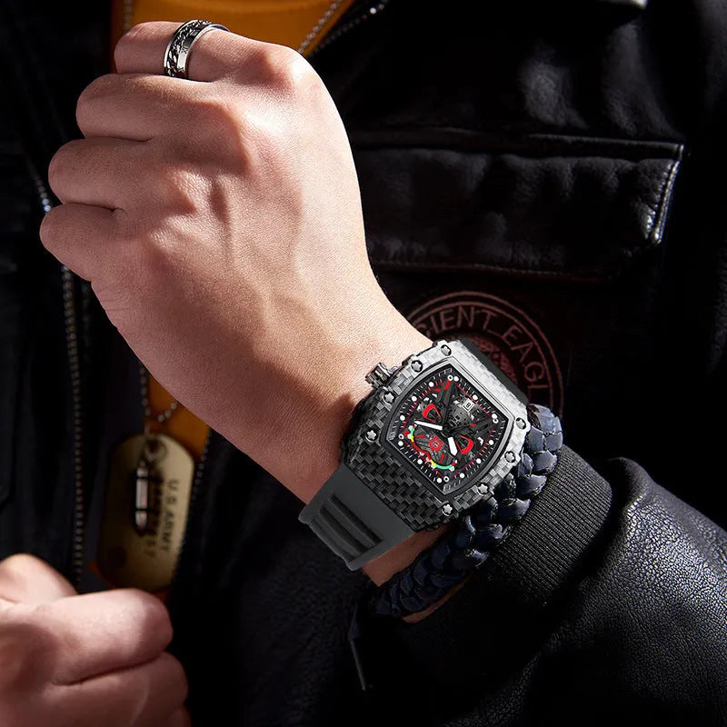 Trendy waterproof luminous men's quartz watch with black alloy case and stainless steel back, displayed on a white background