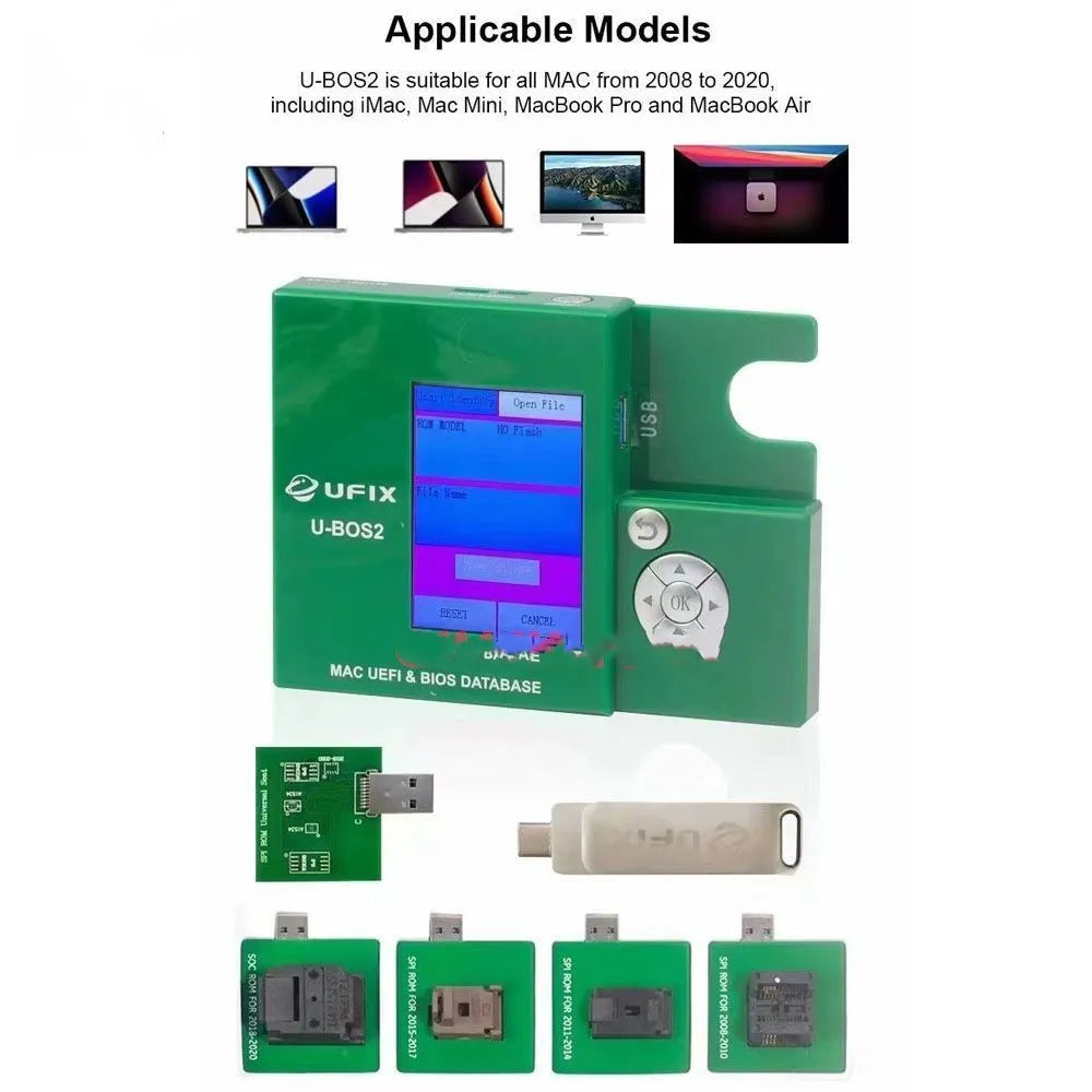 Ufix U-BOS2 green tool with LED screen, write sockets, universal board and USB flash drive for MacBook SPI ROM programming