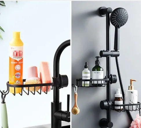 Black aluminium bathroom shower shelf rod, 30 cm long, mounted on a tiled shower wall