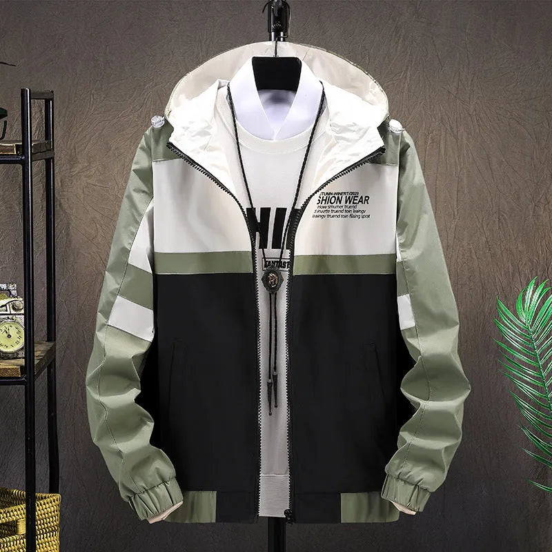 Men's colour block polyester jacket in khaki, with conventional sleeves and full front zip