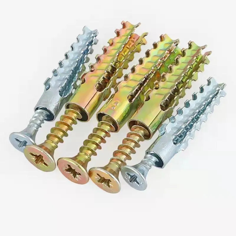Iron expansion screw with four serrated barbs next to a screw, showing drill diameters of 6mm, 8mm, 10mm, and 12mm.