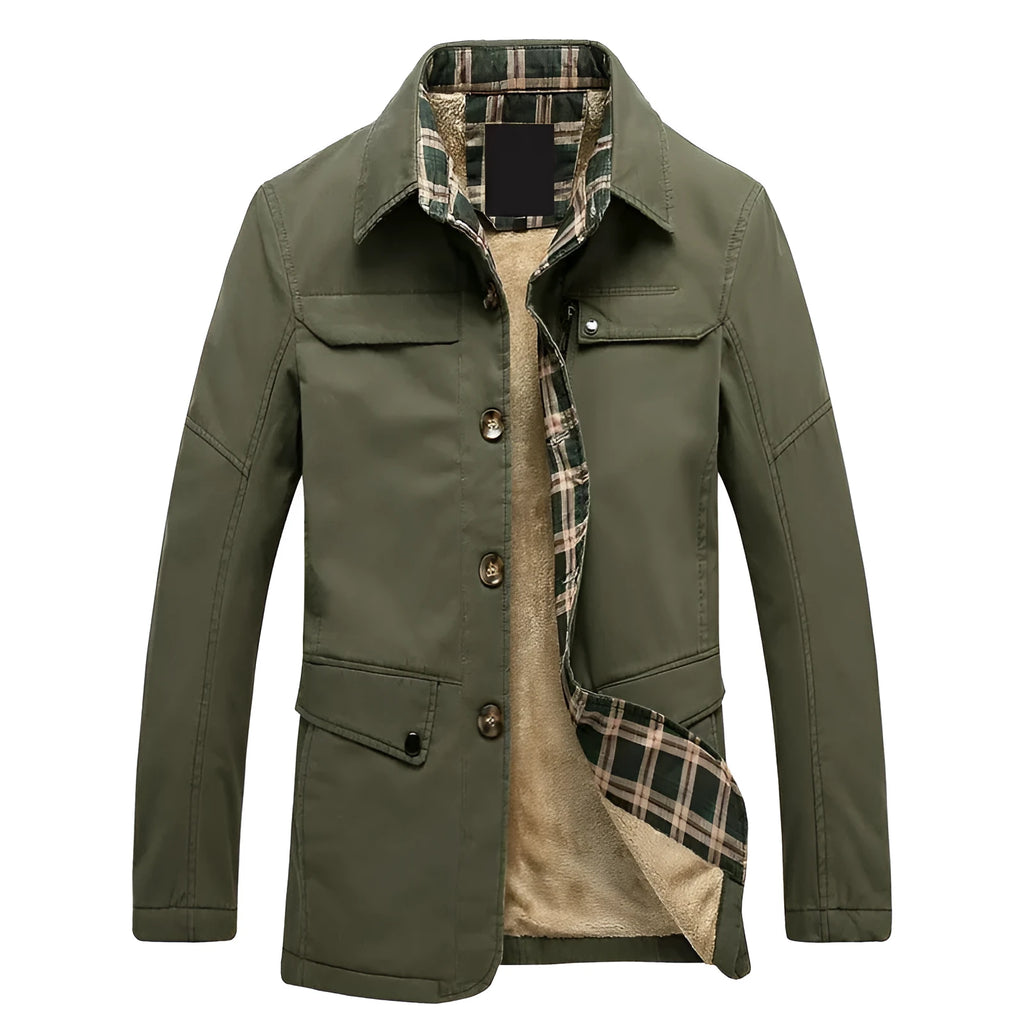 Men's fleece-lined thickened washed jacket in khaki, slim fit mid-length cotton trench coat with velvet lining