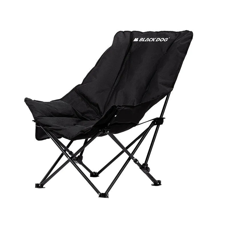 Night black portable folding camping recliner chair with a thickened seat in a moon chair style.