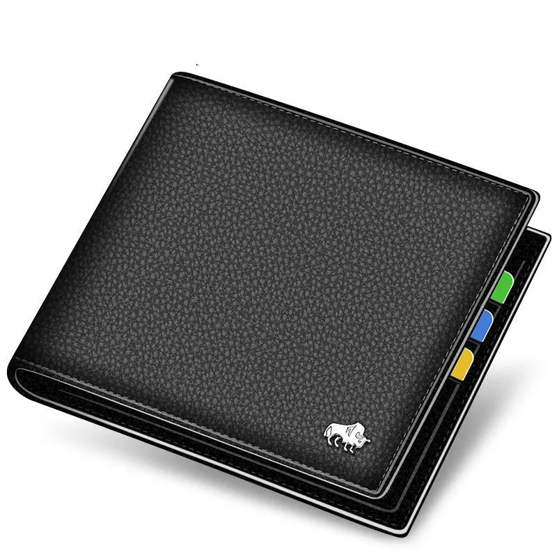 Men's first layer cowhide soft short wallet with multiple card slots in brown with gold logo and zipper