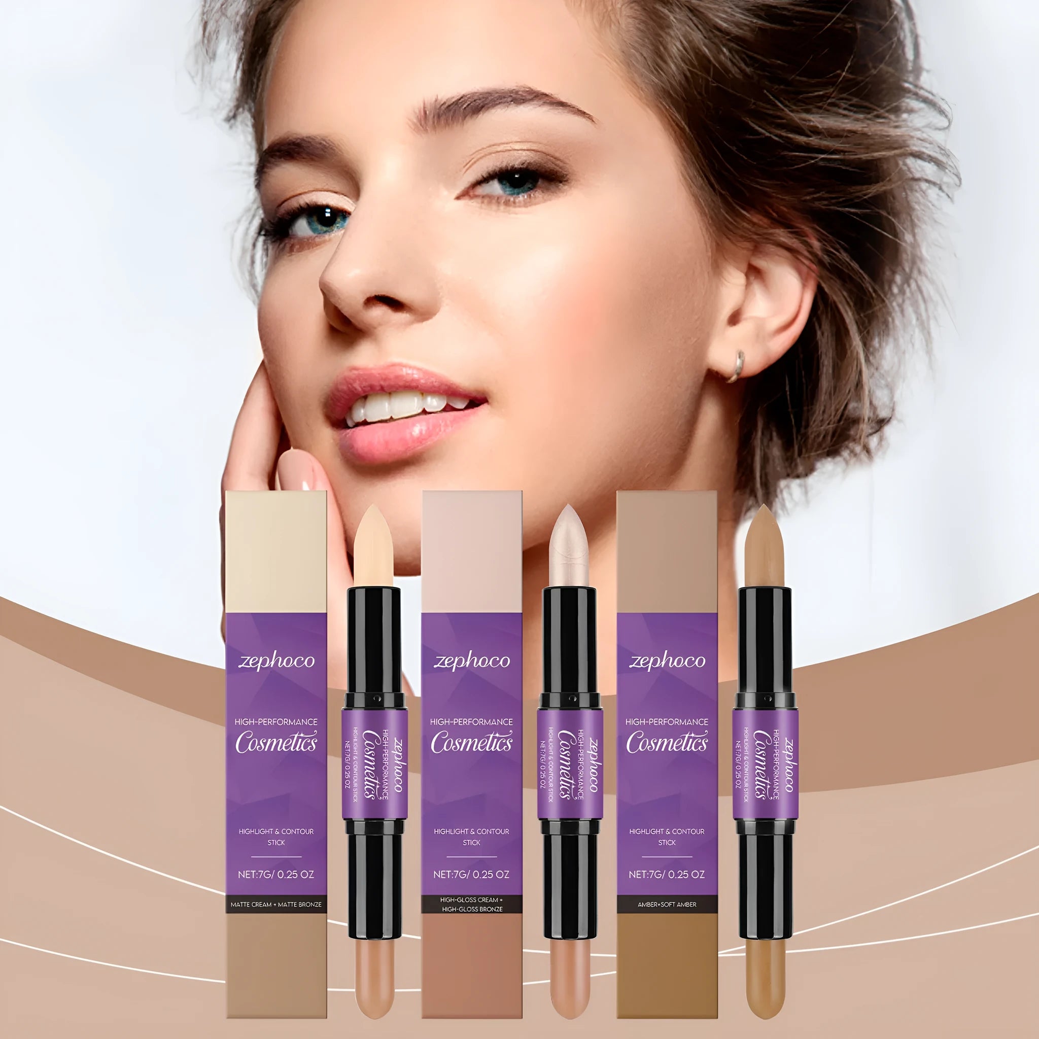 Dual-ended cream highlight and contour makeup stick in three shade styles