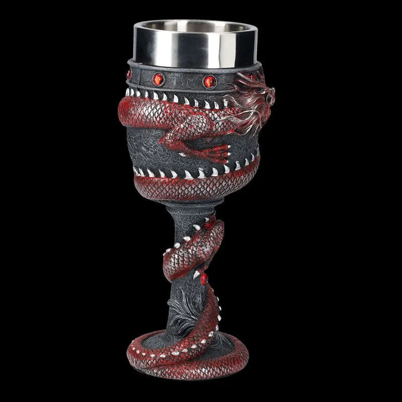 Red wine glass with stainless steel stem and 3D gold dragon resin decoration