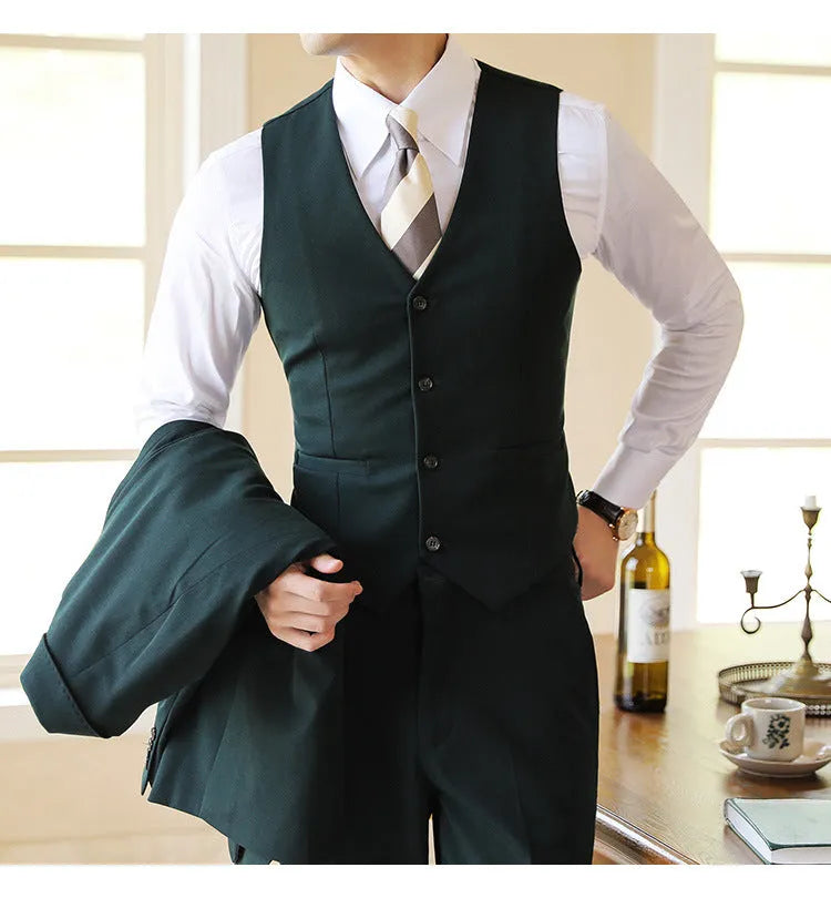 Men's slim fit three-piece corduroy linen blend suit set with coat, vest, and trousers in caramel