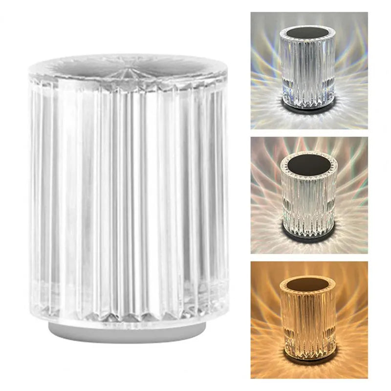 Compact acrylic crystal LED table lamp with RGB colours and remote control on a desk