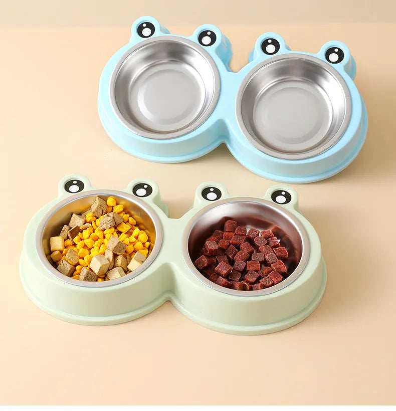 Stainless steel pet double bowl for food and water in blue, green, or pink.