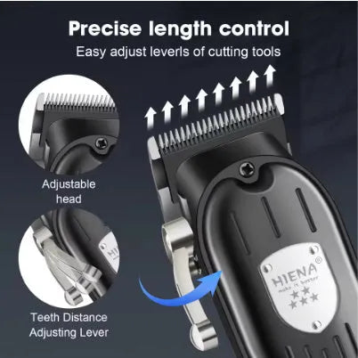 Black professional hair clipper set with USB charging port and LED display showing battery status