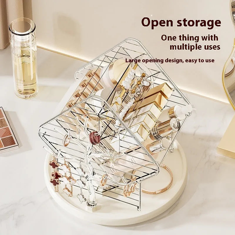 Rotating cosmetics storage box in clear or amber gold colour on a vanity
