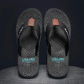 Men's black flip flop sandals with EVA upper and textured PVC sole for non-slip wear.