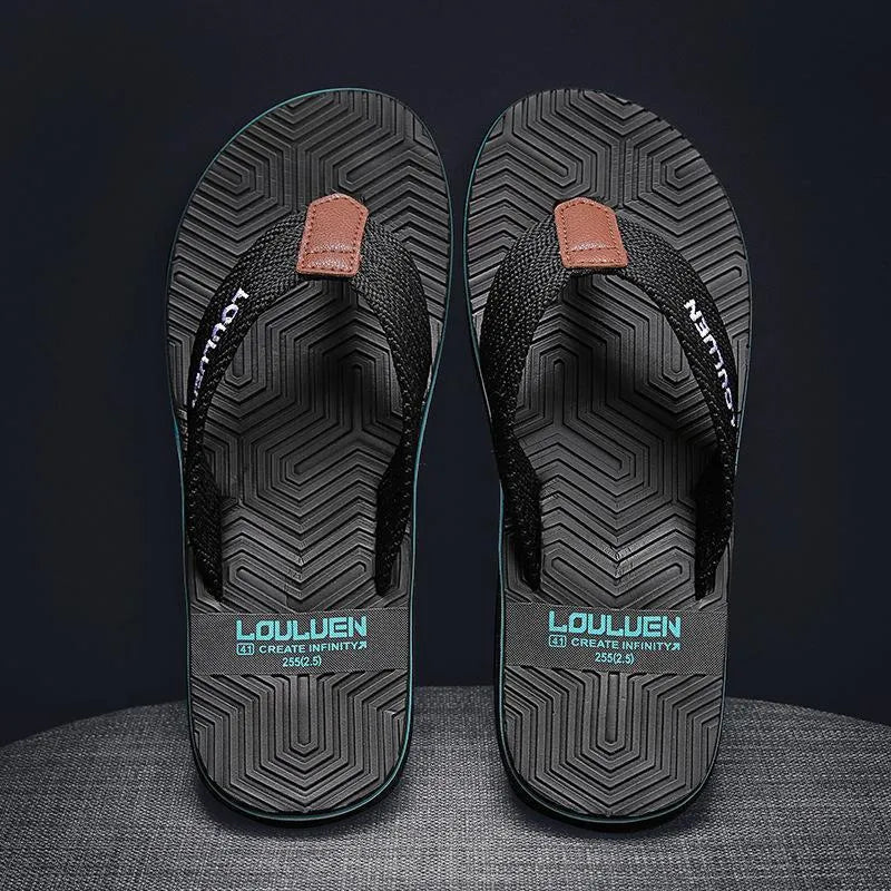 Men's black flip flop sandals with EVA upper and textured PVC sole for non-slip wear.