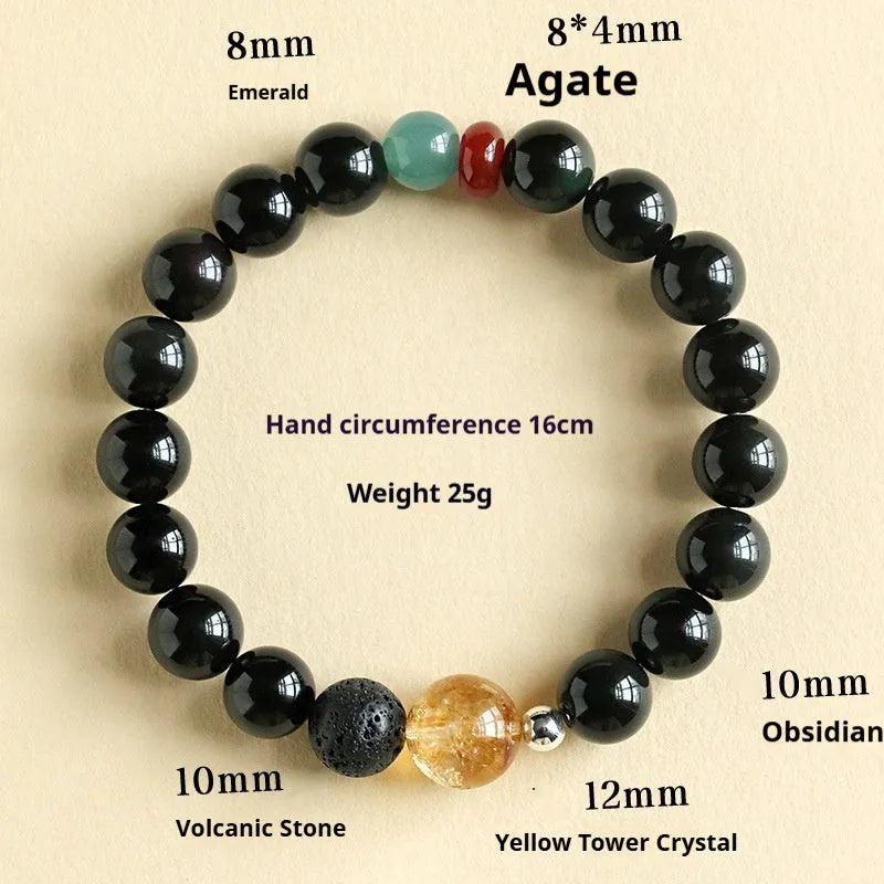 Chinese style obsidian yellow agate jade bracelet showing 8mm and 10mm bead size options.