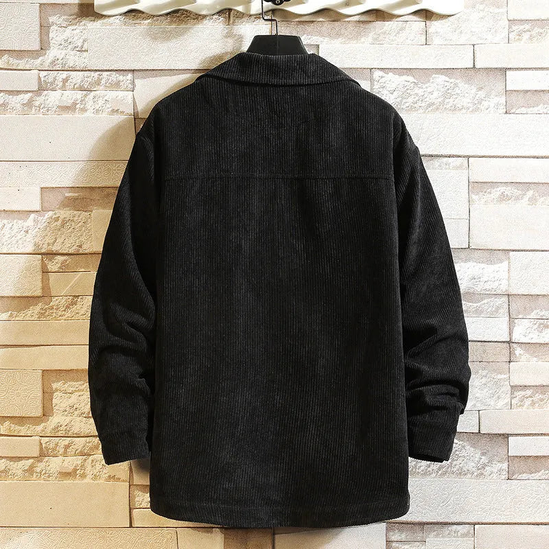 Men's corduroy long sleeve lapel shirt in black, loose fit, 100% polyester, front view