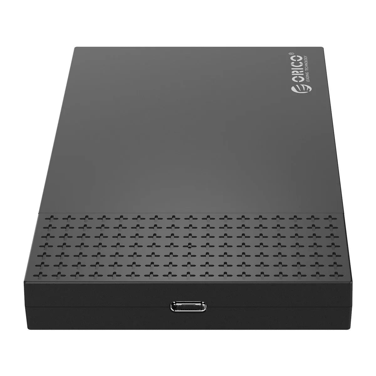 Black plastic USB 3.1 2.5-inch external hard disk box with Type-C and Type-A connectors for SATA drives