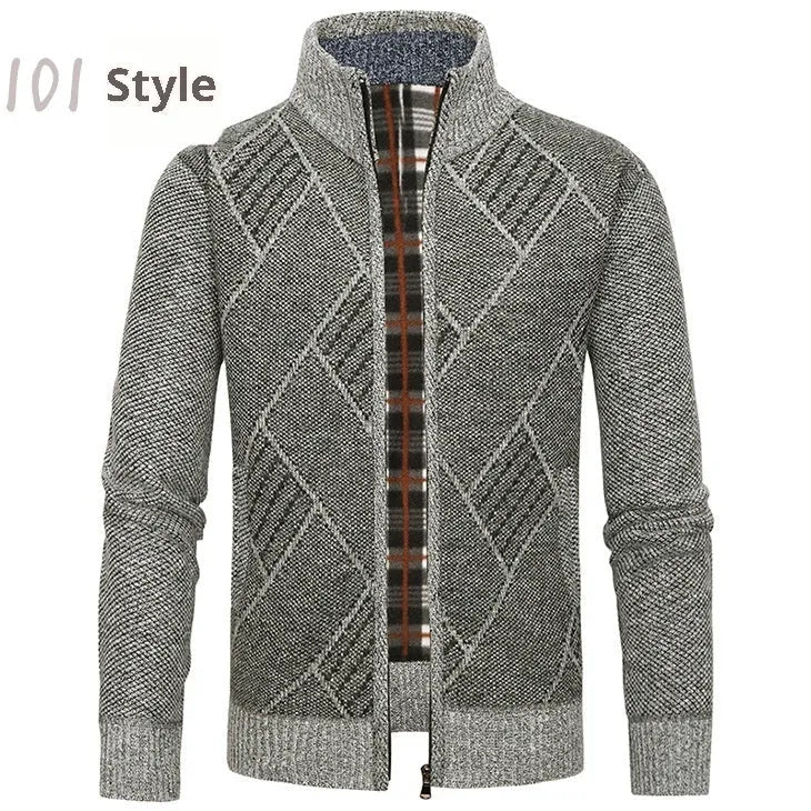 Men's thick cotton blend stand collar zipper cardigan sweater in light gray on model
